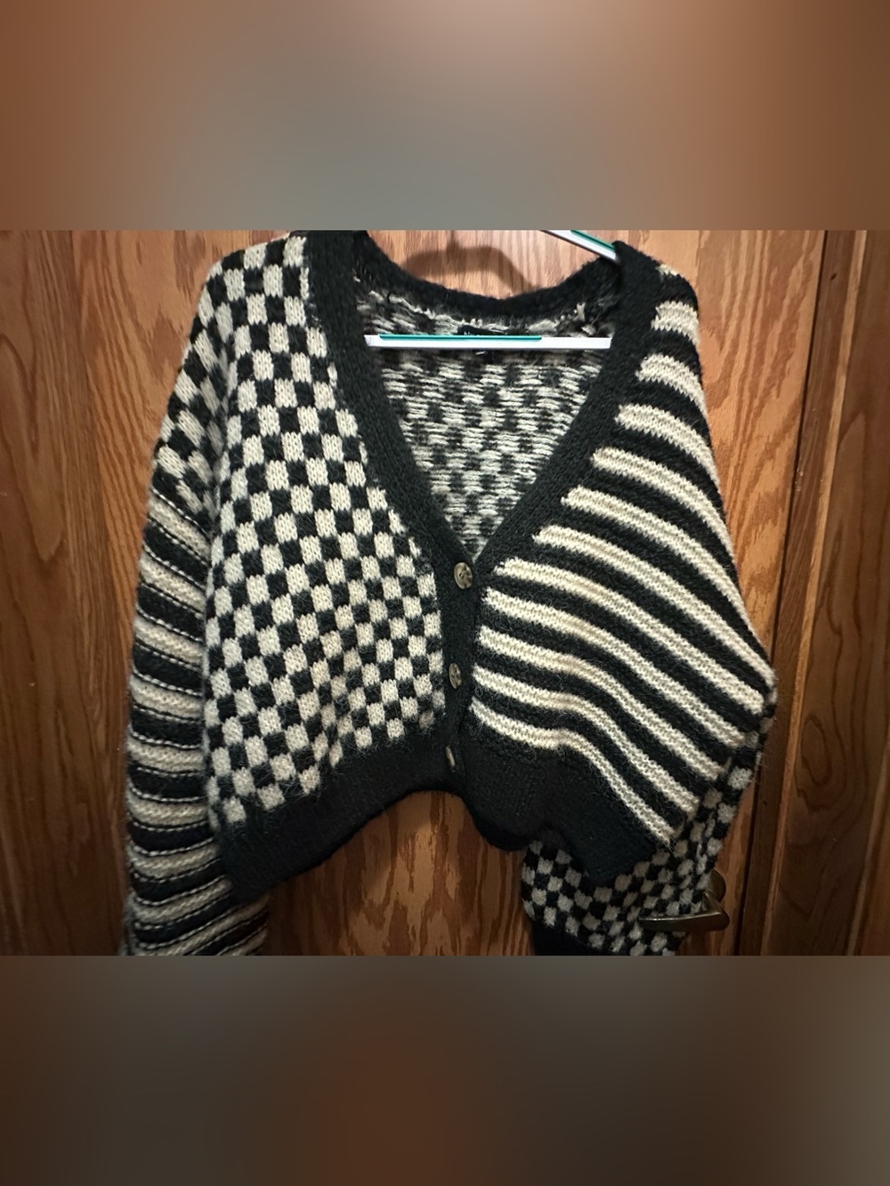 Blu Pepper Black and Cream Checkerboard Striped Cardigan Sweater